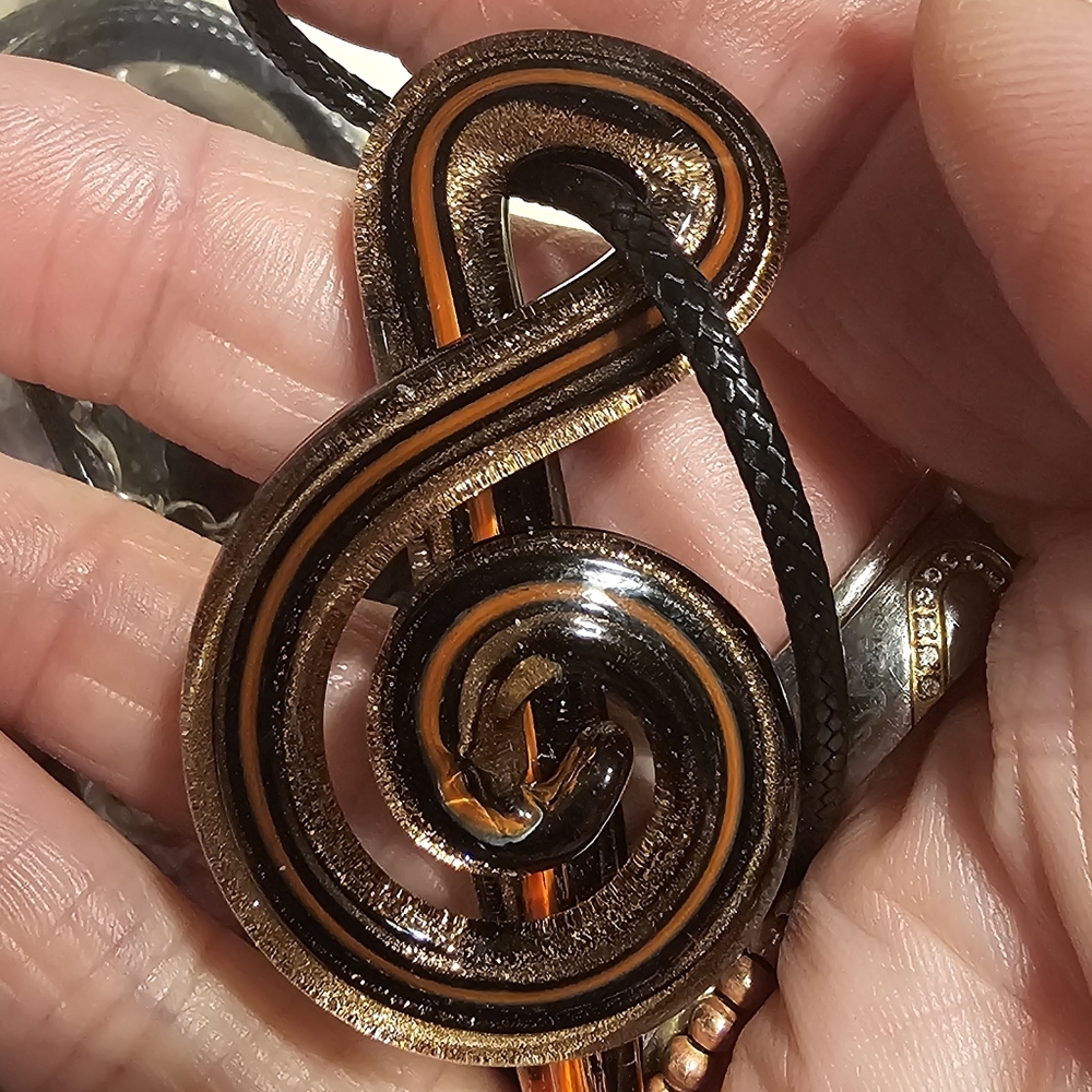 Treble Clef huge glass bead pendant necklace on a black cord